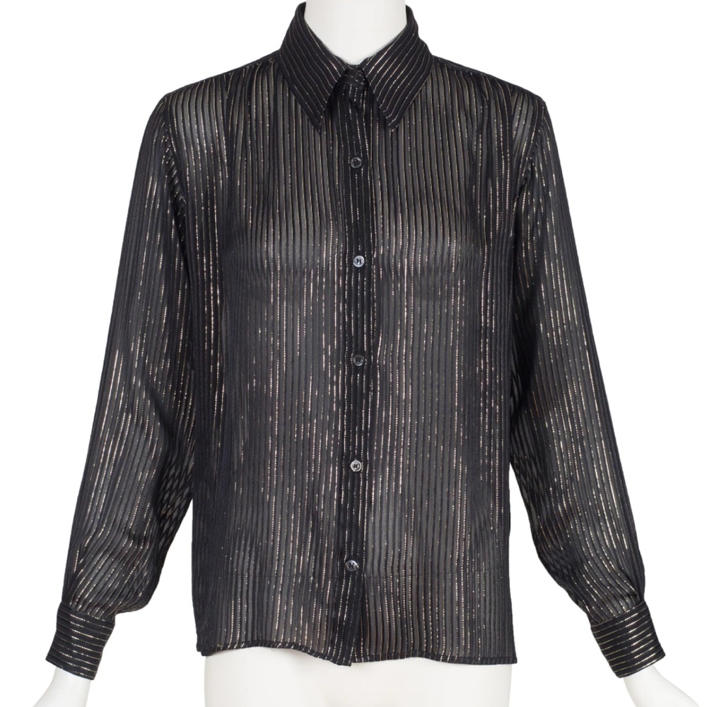 Yves Saint Laurent Gold, Black Silk Chiffon Collared Blouse